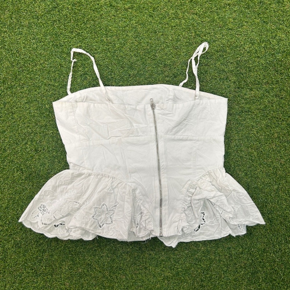 Zara White Eyelet Peplum Corset‎ Top Sleeveless Zipper Back Floral Embroidery